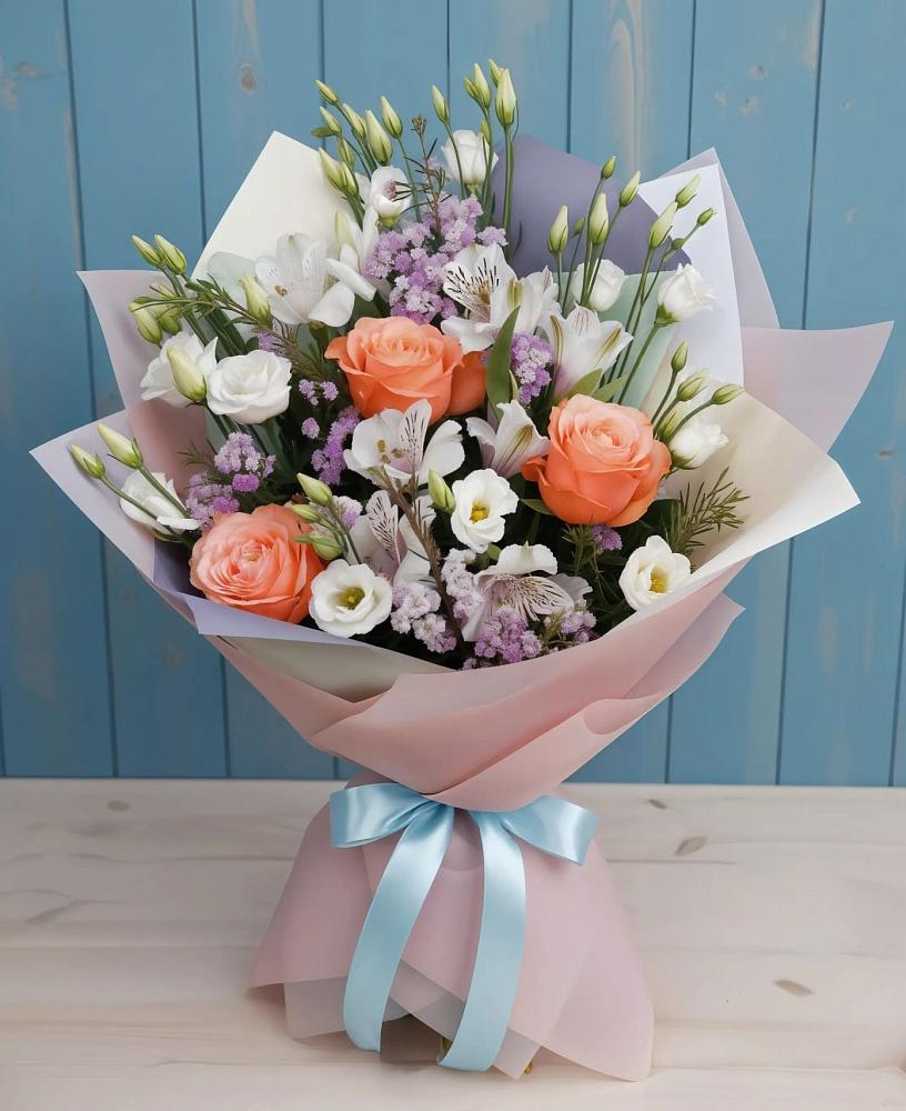 Букет цветов из: Лизиантусы, Розы, Альстромерии и Гипсофила в Моздоке